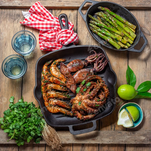 Preview: Grilled spimps, squids and octopus in cast iron grill pan