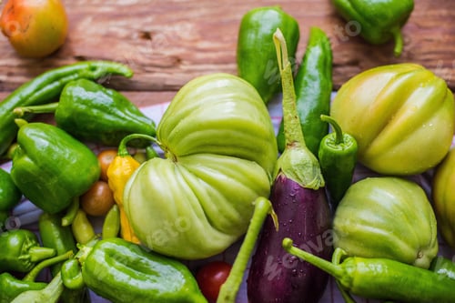 Preview: Closeup shot of fresh vegetables: peppers, eggplants, tomatoes