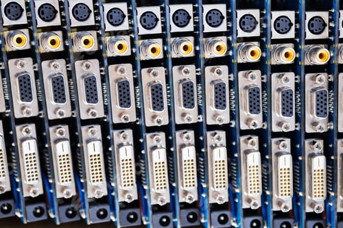 Preview: Close-up blurry metal sockets on a computer video board