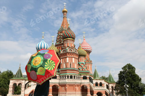 Preview: Fashion Girl With Umbrella And Saint Basil'S Cathedral (Cathedral Of The Intercession Of The Virgin