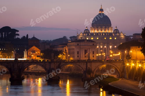 Preview: View from the river Tiber towards St. Peter's Basilica in Vatican City, Rome at dusk.