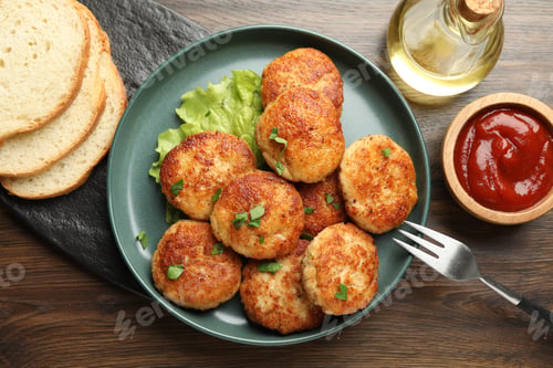 Preview: Delicious patties served on wooden table, flat lay