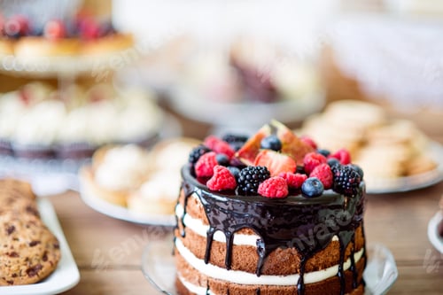 Preview: Naked cake with chocolate and berries, cookies and tarts