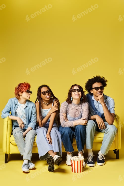 Preview: Diverse friends lounging on mustard couch