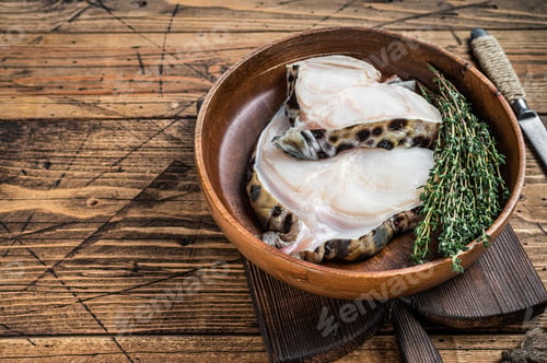 Preview: Raw wolffish or wolf fish fillet in a wooden plate. wooden background. Top view. Copy space