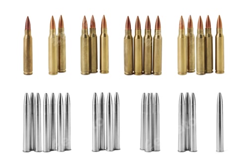 Preview: Set of many bullets on white background. Firearm ammunition