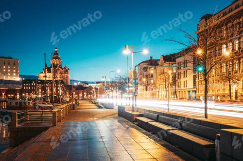 Preview: Helsinki, Finland. Pohjoisranta Street And View Of Uspenski Cathedral In Evening Night Illuminations