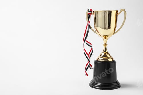 Preview: Shiny golden trophy cup on white background