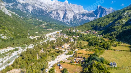 Preview: Aerial drone view of the valley of Theth national park, Albania. Albanian Alps