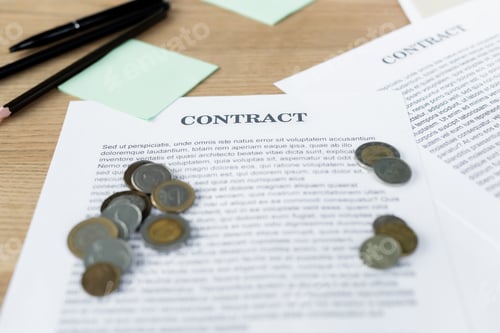 Preview: silver and golden coins on contract near pens