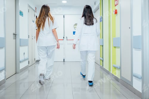 Preview: Nurse and doctor walking along the corridor of the hospital -