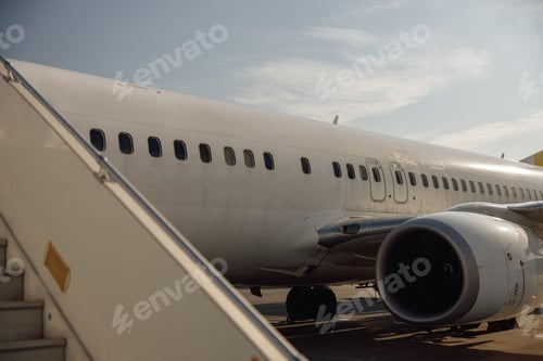 Preview: View of passenger aircraft body with windows and airstay from outside on a daytime