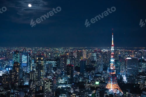 Preview: Aerial shot of Tokyo at night with luminous buildings and tall Tokyo TV tower