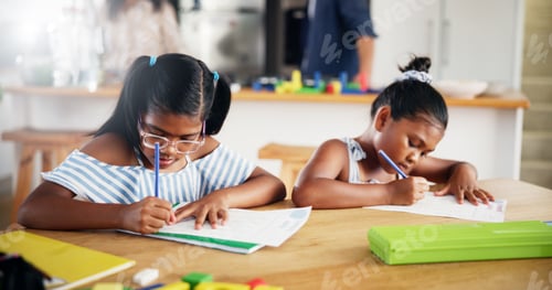 Preview: Education, writing and children with homework in house for learning, studying or development. Knowl