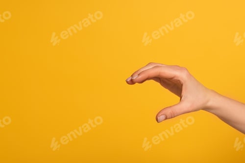 Preview: Cropped view of woman showing gesture from sign language isolated on yellow