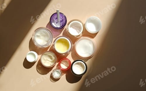 Preview: Many jars of beauty cream or mask for face care on pastel background, top view.