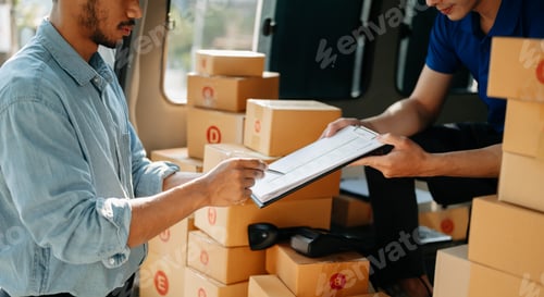 Preview: Parcel delivery with good depth of field. Friendly worker with high quality and shipping concept.