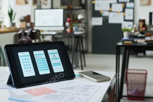 Preview: Tablet Displaying Mobile App Interface Designs in Modern Office Workspace