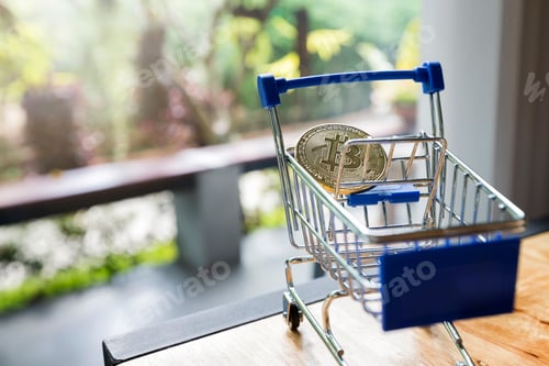 Preview: Finance and money concept. Bitcoin in mini shopping cart on blurry background