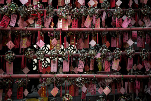 Preview: lucky hanging ball decorations in A-ma chinese temple interior macau