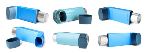 Preview: Inhalers isolated on white, collage. Asthma treatment