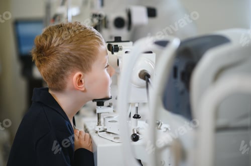 Preview: Boy undergoing vision diagnostics with ophthalmic equipment in clinic