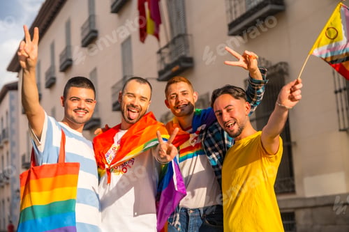 Preview: Gay pride party in the city, portrait of couples of men having fun at the demonstration