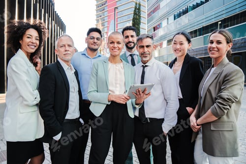 Preview: Team work of businesspeople standing at workspace and looking at camera together. Meeting of a crowd