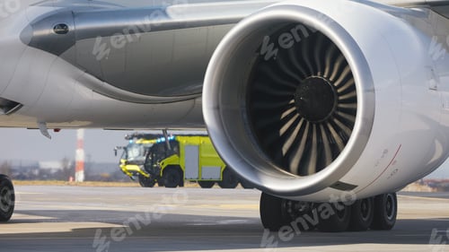 Preview: Fire truck of airport rescue and fire brigade behind airplane