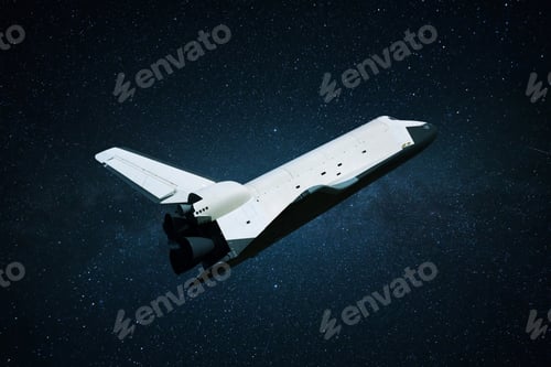 Preview: Space shuttle in the starry sky in deep space. Beginning of space missions concept. Rocket flies