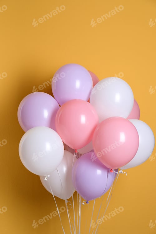 Preview: Different helium party balloons on color background