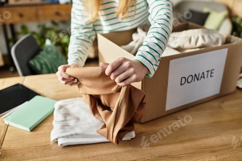 Preview: Young woman embraces sustainable living while sorting clothes for donation at home