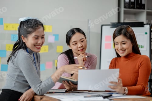 Preview: Attractive businesswoman heads strategy meeting in board room, Happy different aged business team ha