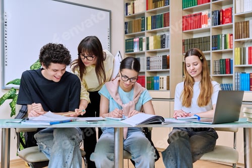 Preview: Group of teenage students with female teacher study inside classroom library