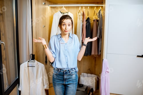 Preview: Confused Woman Standing in Front of Closet