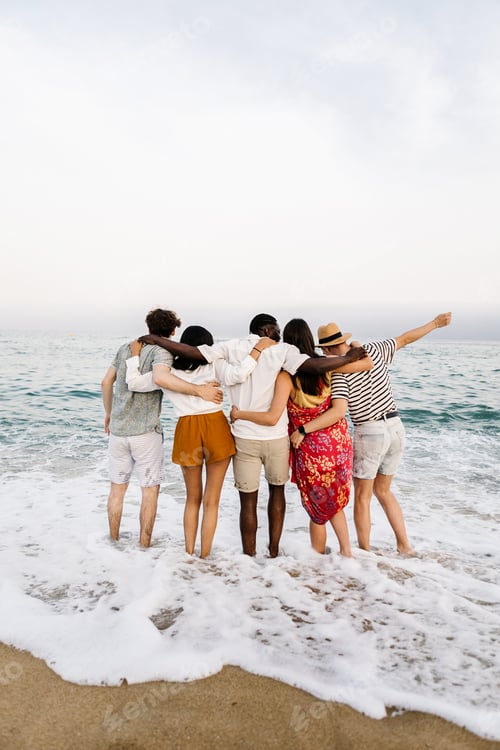 Preview: Group of young people hugging each other and enjoying sunset at beach