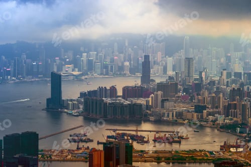 Preview: Hong Kong Downtown, China. Financial district in urban city town in Asia. Skyscrapers buildings.