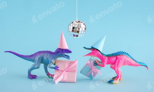 Preview: Cute blue and pink dinosaurs wearing party hat and holding present box on blue background.