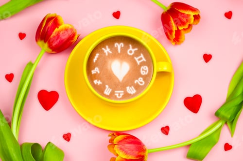 Preview: Top view yellow coffee cup with zodiac signs on pastel pink background.