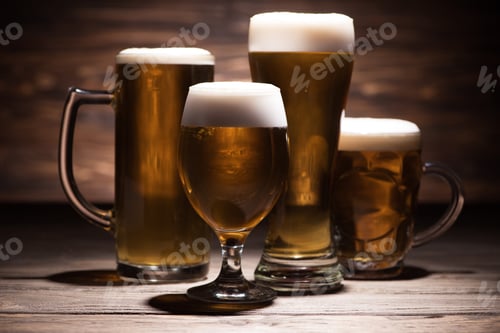 Preview: four glasses of tasty beer on wooden tabletop, oktoberfest concept