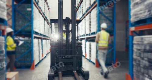 Preview: Forklift, warehouse and inventory with supply chain, packing and people for storage, shipping or di