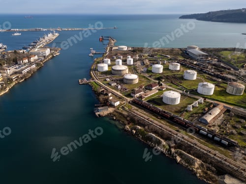 Preview: Aerial view of an industrial waterfront with oil storage tanks, rail infrastructure and docks beside
