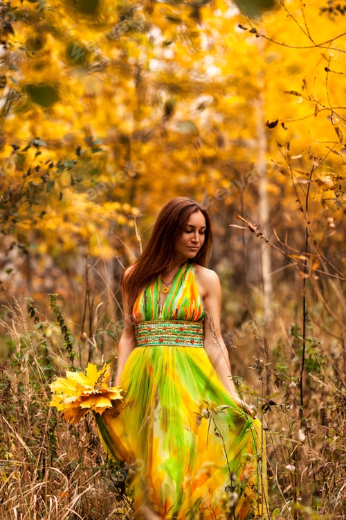 Preview: Captivating Woman in a Flowing Dress Surrounded by Autumn Colors in a Serene Outdoor Setting