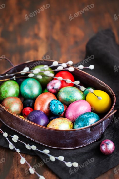 Preview: Colorful Easter Eggs in Basket with Pussy Willow