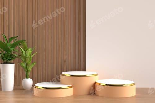 Preview: 3D rendering of a podium for product promotion in wooden interior style
