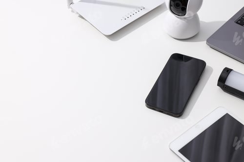 Preview: Home electronic devices on white background, space for text