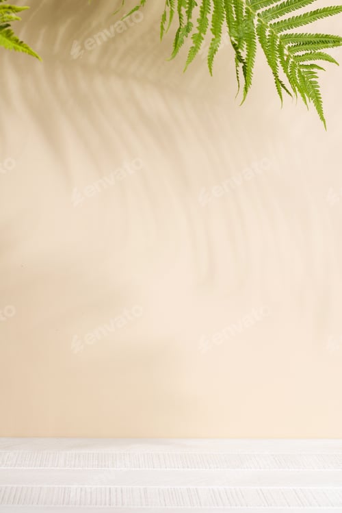 Preview: Template with empty table and wall with leaves shadow