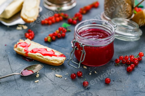 Preview: Red currants jam and berries, close view