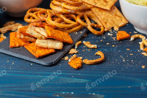 Preview: Scattered beer snacks assortment on blue wooden background