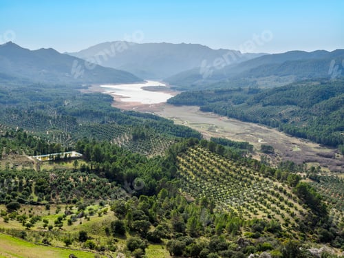 Preview: Olive trees plantations and Tranco reservoir from Hornos de Segura village, Spain